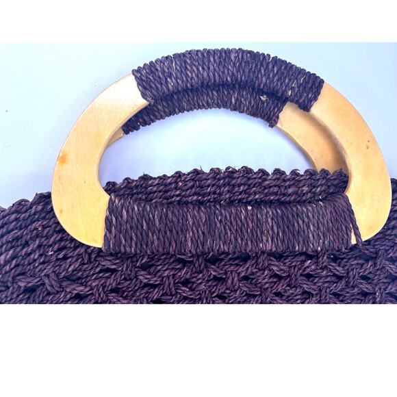 White Stag Straw Macrame Woven Handbag Dark Brown Wood Handles Boho 10" x 8" - Picture 3 of 12